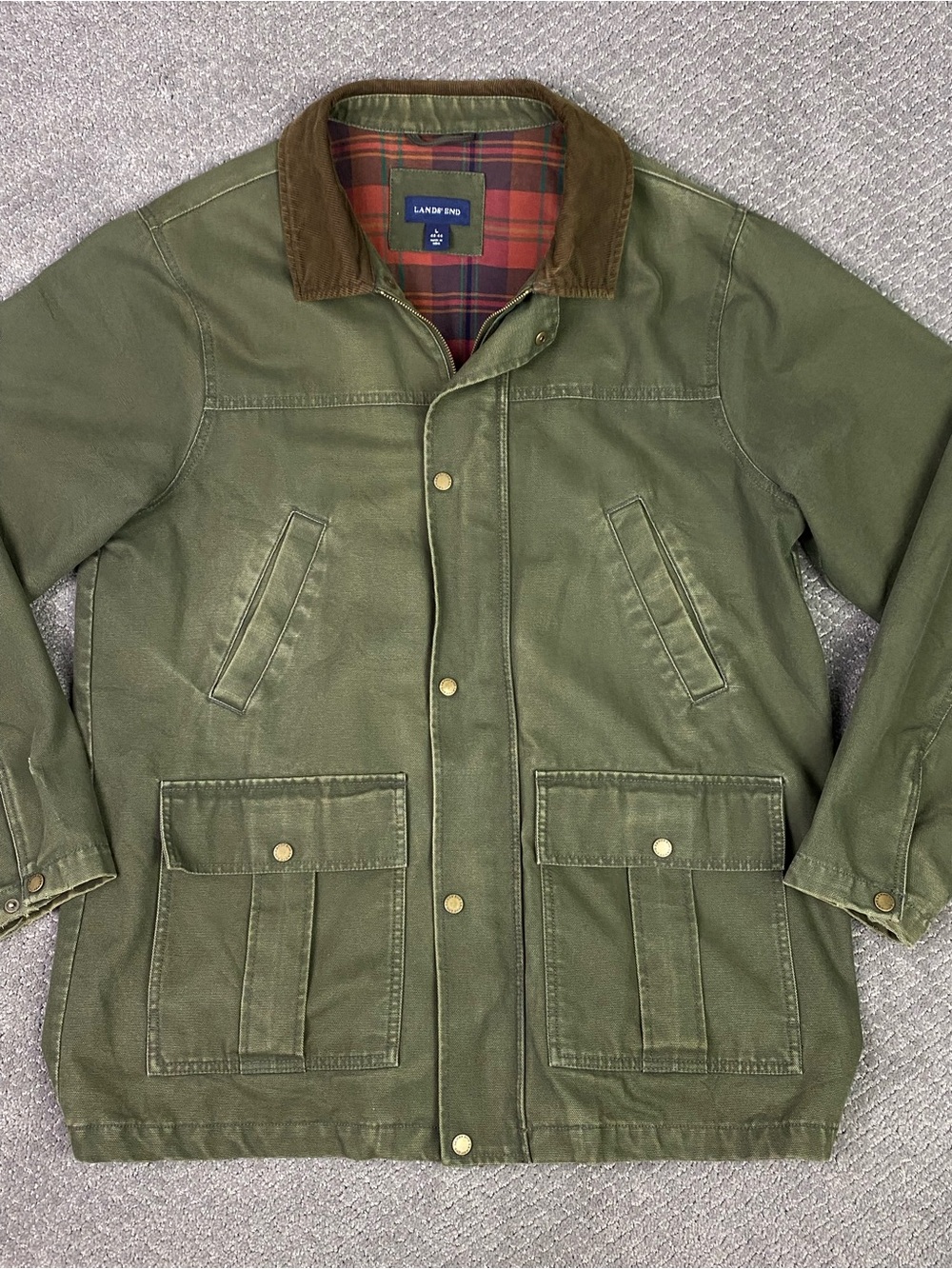 Vtg Lands End Chore Jacket Coat Mens Large Green Canvas Barn Plaid Flannel Lined